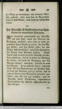 42. Die Aderläße ist schädlich bey dem Ausbleiben der monatlichen Reinigung