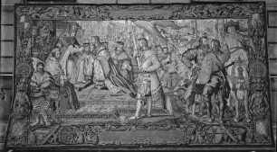 Folge der Otto-von-Wittelsbach-Teppiche: Otto von Wittelsbach wird von Friedrich Barbarossa mit dem Herzogtum Bayern belehnt im Jahre 1180