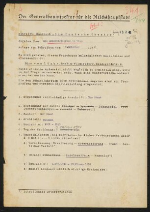 Akademietheater, Wien: Fragebogen für das Handbuch »Das Deutsche Theater«, vierseitiges Dokument