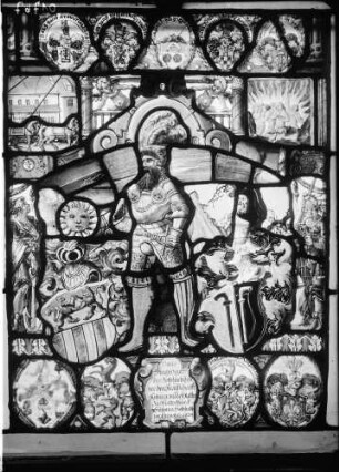 Schloß Eberstein Glasmalerei im Rondell Wappenscheibe Hans Ulrich Hegner und Susanna Holtzhalb (um 1620)