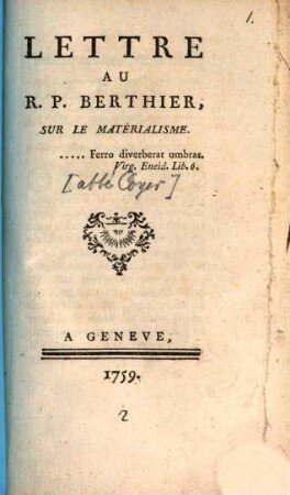 Lettre au R. P. Berthier, sur le Matérialisme