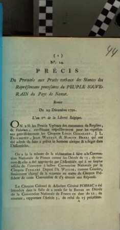 Precis Du Protocole Aux Proces verbaux des Seances des Representans provisoires du Peuple Souverain du Pays de Namur. Seance Du 29 Decembre 1792. L'an 1er de la Liberte Belgique