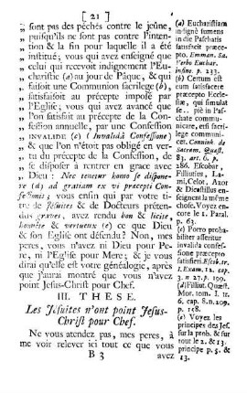 III. These. Les Jésuites n'ont point Jesus-Christ pour Chef