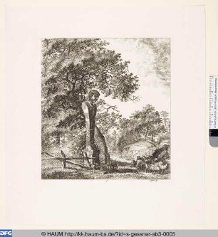 Baumlandschaft mit Schafherde und großer Faunherme