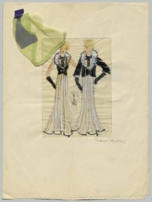 Zwei Figurinen und eine Detailansicht: Ein bodenlanges Kleid mit Weste und dazu passender kurzer Jacke, mit Materialproben (Archivtitel)