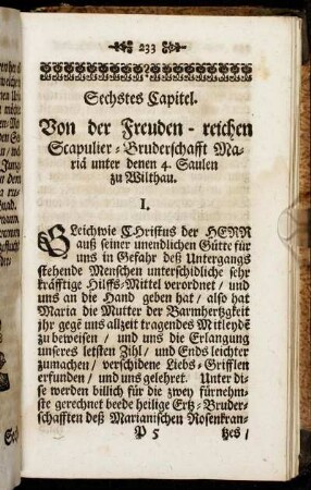 Sechstes Capitel. Von der Freuden-reichen Scapulier-Bruderschafft Mariä unter denen 4. Saulen zu Wilthau