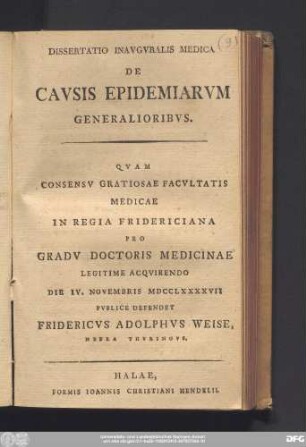 Dissertatio Inavgvralis Medica De Cavsis Epidemiarvm Genealioribvs