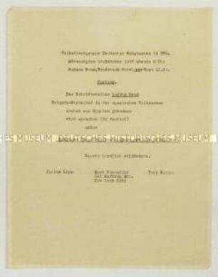 Maschinenschriftliche Einladung zu einem Vortrag von Ludwig Renn nach seiner Rückkehr aus dem Spanischen Bürgerkrieg - Sachkonvolut