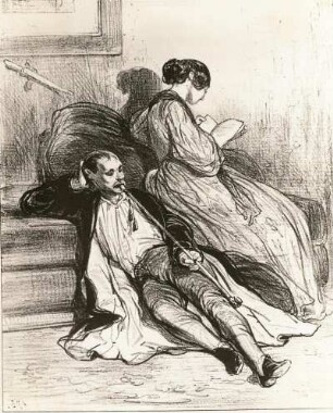 Gavarni, Paul: La vie de jeune homme, un roman nouveau, un jeune amour, une vieille pipe. Lithografie; 19,6 x 15,7 cm. Um 1850