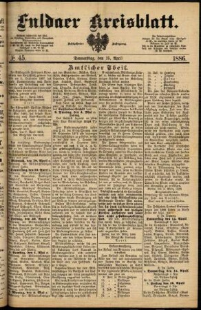 Erste Ausgabe vom Donnerstag, den 15. April 1886.