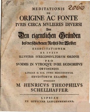 Meditationis De Origine Ac Fonte Ivris Circa Mvlieres Diversi : = Von Den eigentlichen Gründen des verschiedenen Rechts der Weiber