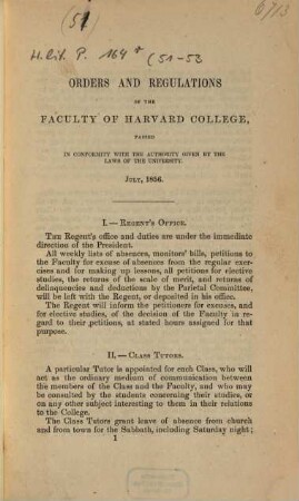 Orders and regulations of the faculty of Harvard College, 1856