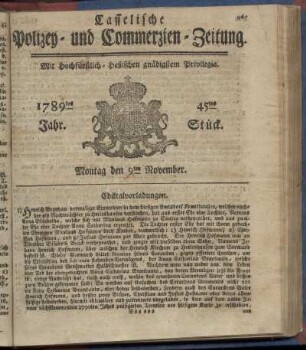 45tes Stueck, Montag den 9ten November. 1789
