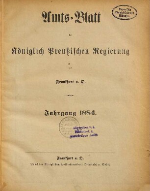 Amtsblatt der Regierung zu Frankfurt a.d. Oder. 1884
