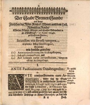 Brevis adumbratio status civitatis Bremensis, ante, sub et post pacificationem Osnabrugensem