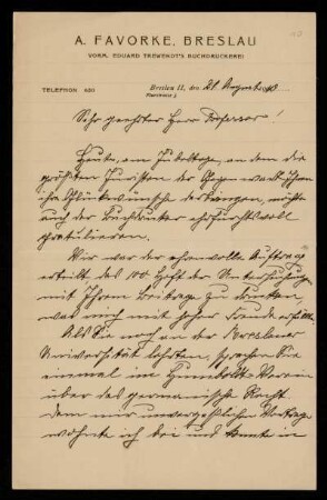 Brief von Auguste Favorke an Otto von Gierke, Breslau, 21.8.1910