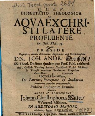 Dissertatio Theologica De Aqva Ex Christi Latere Profluente. Ex Joh. XIX, 34.