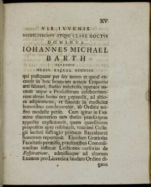 Vir Iuvenis Nobilissimus Atque Clare Doctus Dominus Iohannes Michael Barth
