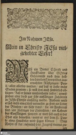 Mein in Christo Jesu vielgeliebter Leser!