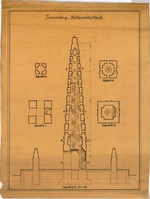 Billing, Hermann; Tannenberg (bei Hohenstein / Ostpreußen, heute Olsztynek, Polen); Nationaldenkmal (Schlachtendenkmal) Tannenberg - Schnitt; Grundrisse