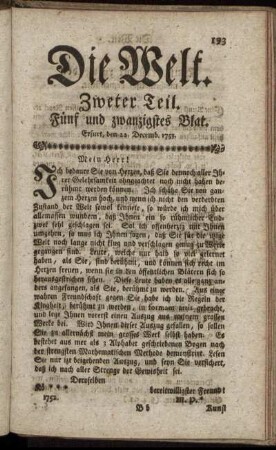 Fünf und zwanzigstes Blat. Erfurt, den 22. Decemb. 1753.