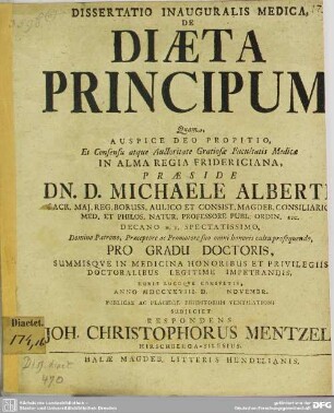 Dissertatio Inauguralis Medica De Diaeta Principum