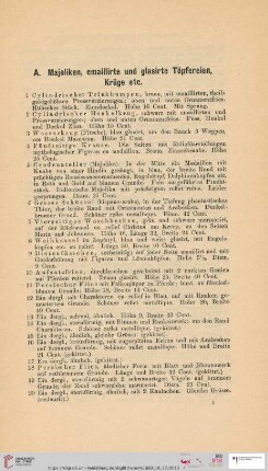A. Majoliken, emaillirte und glasirte Töpfereien, Krüge etc. (Nr. 1-36)