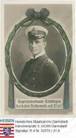 Weddigen, Otto (1882-1915) / Porträt in Marineuniform, in Medaillon mit Trauerflor und Bildlegende, Brustbild
