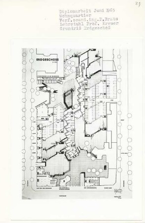 Wohnquartier, Berlin-Charlottenburg (Diplomarbeit bei Willy Kreuer): Grundriss Erdgeschoss 1:200