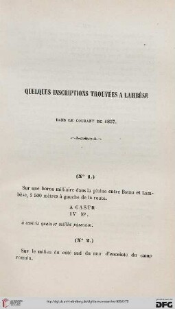 Quelques inscriptions trouvées à Lambèse: dans le courant de 1857