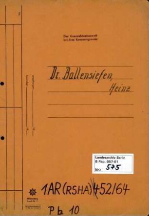 Personenheft Dr. Heinz Ballensiefen (*24.10.1912), SS-Hauptsturmführer
