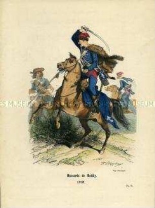 Uniformdarstellung, Husar des Husaren-Regiments "Rattky" zu Pferd im Kampf mit Pikenier, Frankreich, 1707.