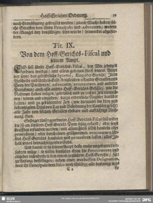 Tit. IX. Von dem Hoff-Gerichts-Fiscal und seinem Ampt