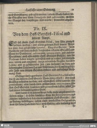 Tit. IX. Von dem Hoff-Gerichts-Fiscal und seinem Ampt