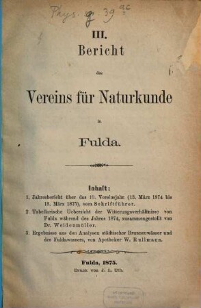 Bericht des Vereins für Naturkunde in Fulda. 3. 1875