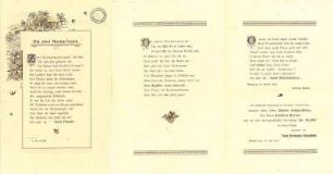 Gedicht "Die zwei Neckar-Inseln" von J. Kerner 1846, gedruckt 1898 und gewidmet von Fanny Bruckmann-Schaeuffelen zur Erinnerung an die teuren Verstorbenen G. Schaeuffelen, J. Kerner und Dr. Seyffer