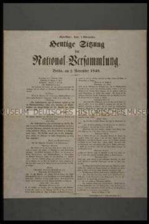 Maueranschlag: Heutige Sitzung der National-Versammlung. Extrablatt zur Sitzung der preußischen Nationalversammlung am 2. November 1848