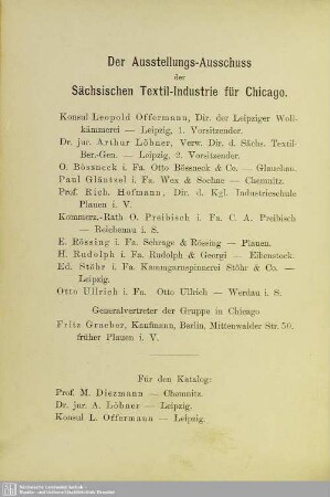Der Ausstellungs-Ausschuss der Sächsischen Textil-Industrie für Chicago