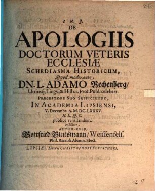 De apologiis doctorum veteris ecclesiae schediasma historicum