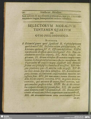 Selectorum Moralium Tentamen Quartum De Otio Philosophico