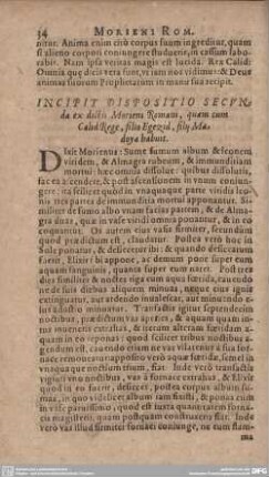 INCIPIT DISPOSITIO SECUNda ex dictis Moriens Romani, quam cum Calid Rege, filio Egezid, fily Madoya habuit.