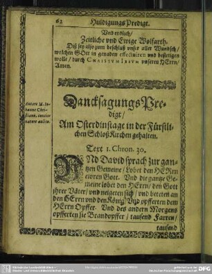 DancksagungsPredigt, Am Osterdinstage in der Fürstlichen SchloßKirchen gehalten