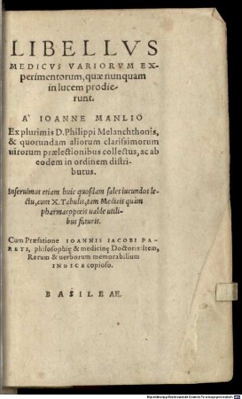 Libellus medicus variorum Experimentorum