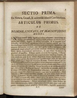 Articulus Primus. De Nomine, Unitate, Et Magnitudine Mundi.