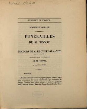 Funérailles de M. Tissot. Discours de M. le Cte de Salvandy ... : le lundi 10 avril 1854