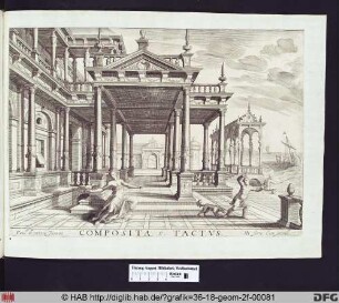 Palastarchitektur mit Terrasse; links eine Frau, die von einem Vogel in den Finger gebissen, rechts ein Junge, der von einem Hund ins Bein gebissen wird.