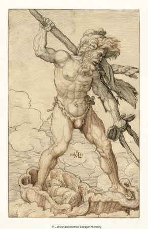 Neptun auf einer Muschel nach rechts übers Meer fahrend