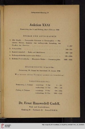 Antiquariatskatalog 79 - Auktion XXXI