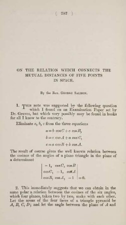 On the relation which connects the mutual distance of five points in space.
