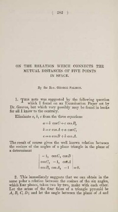On the relation which connects the mutual distance of five points in space.